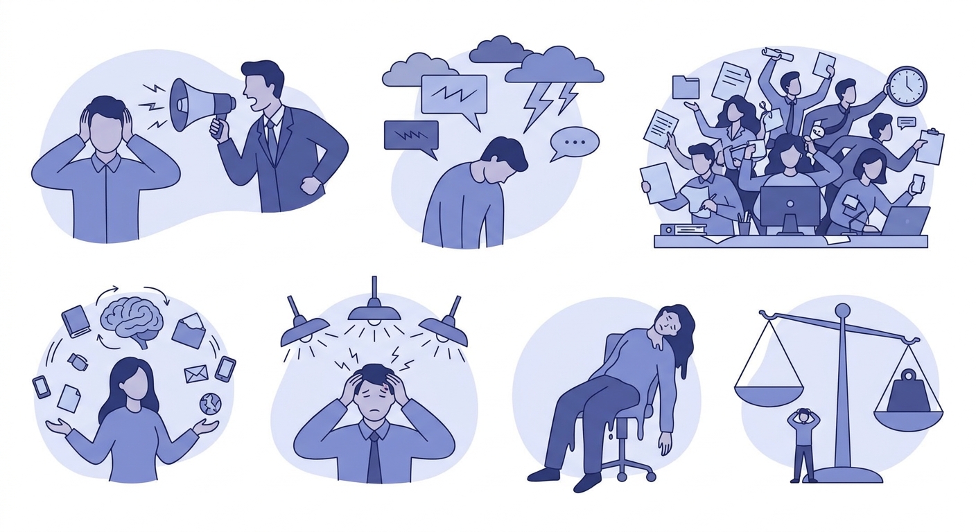 繊細さんが職場で感じる7つの困りごとのイラスト