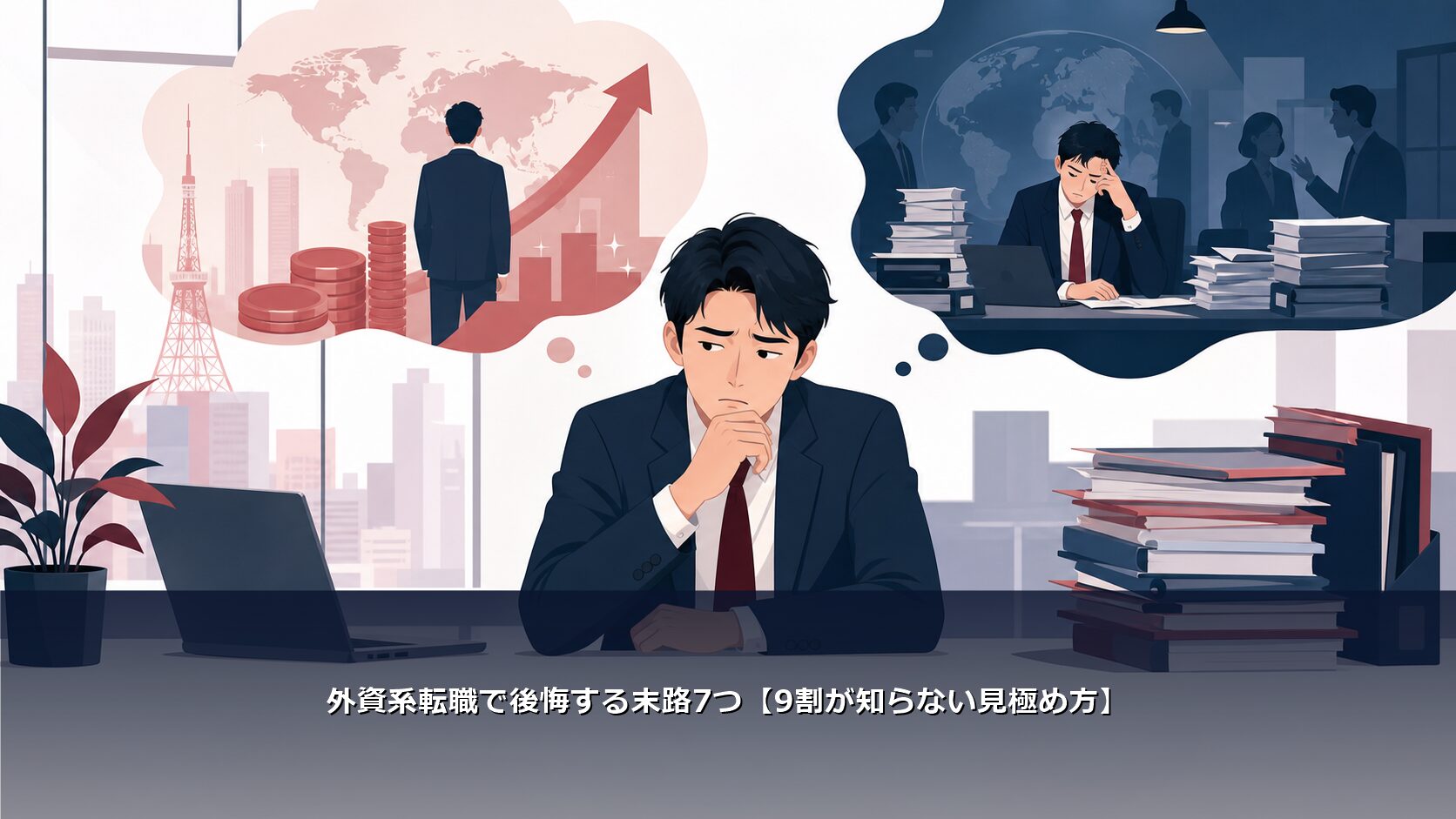 外資系転職で理想と現実の差に悩む人のイラスト