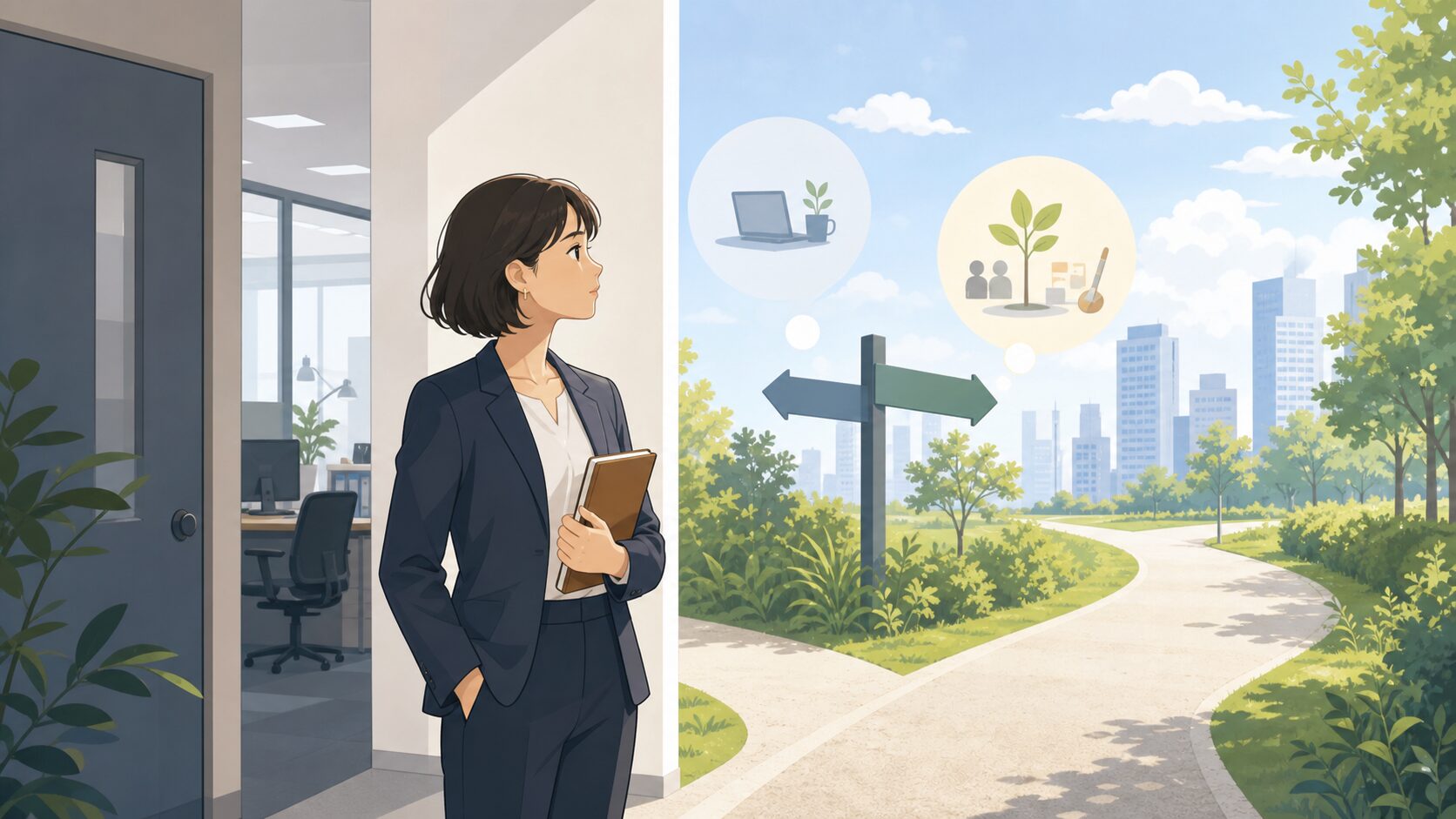 社会人7年目転職で今の会社と新しい道を比べる人のイメージ