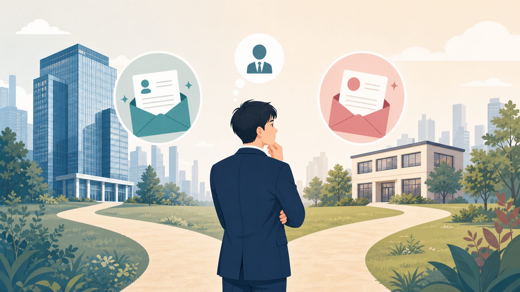 転職で複数内定を比較する人のイラスト