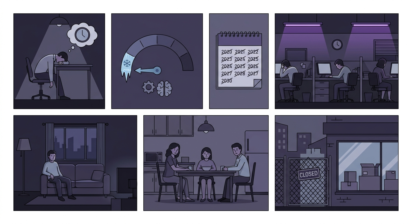 先の見えない仕事を続けた末路7つを示すイラスト