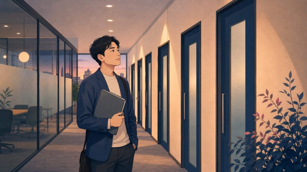 転職活動で内定が出ず、面接室の前で立ち止まる人物のイメージ