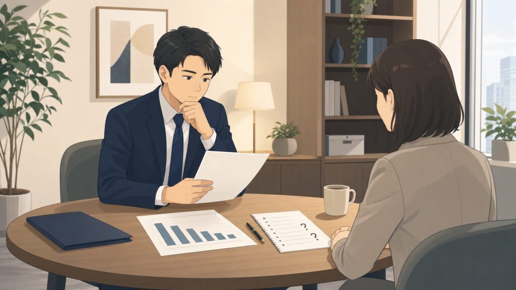 オファー面談で提示年収を確認する人物のイメージ