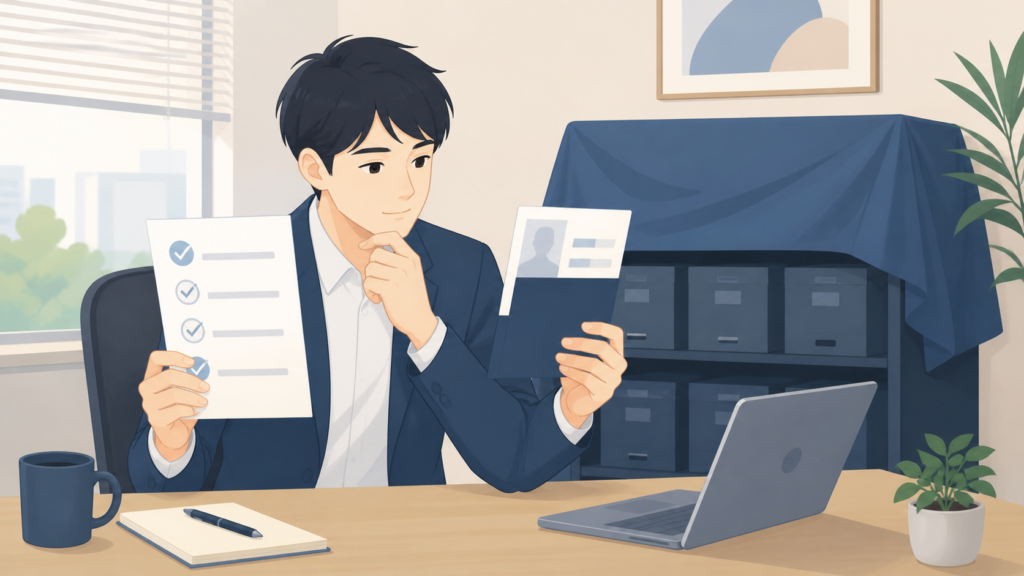 社名非公開の求人を前に確認項目を整理する人物のイメージ