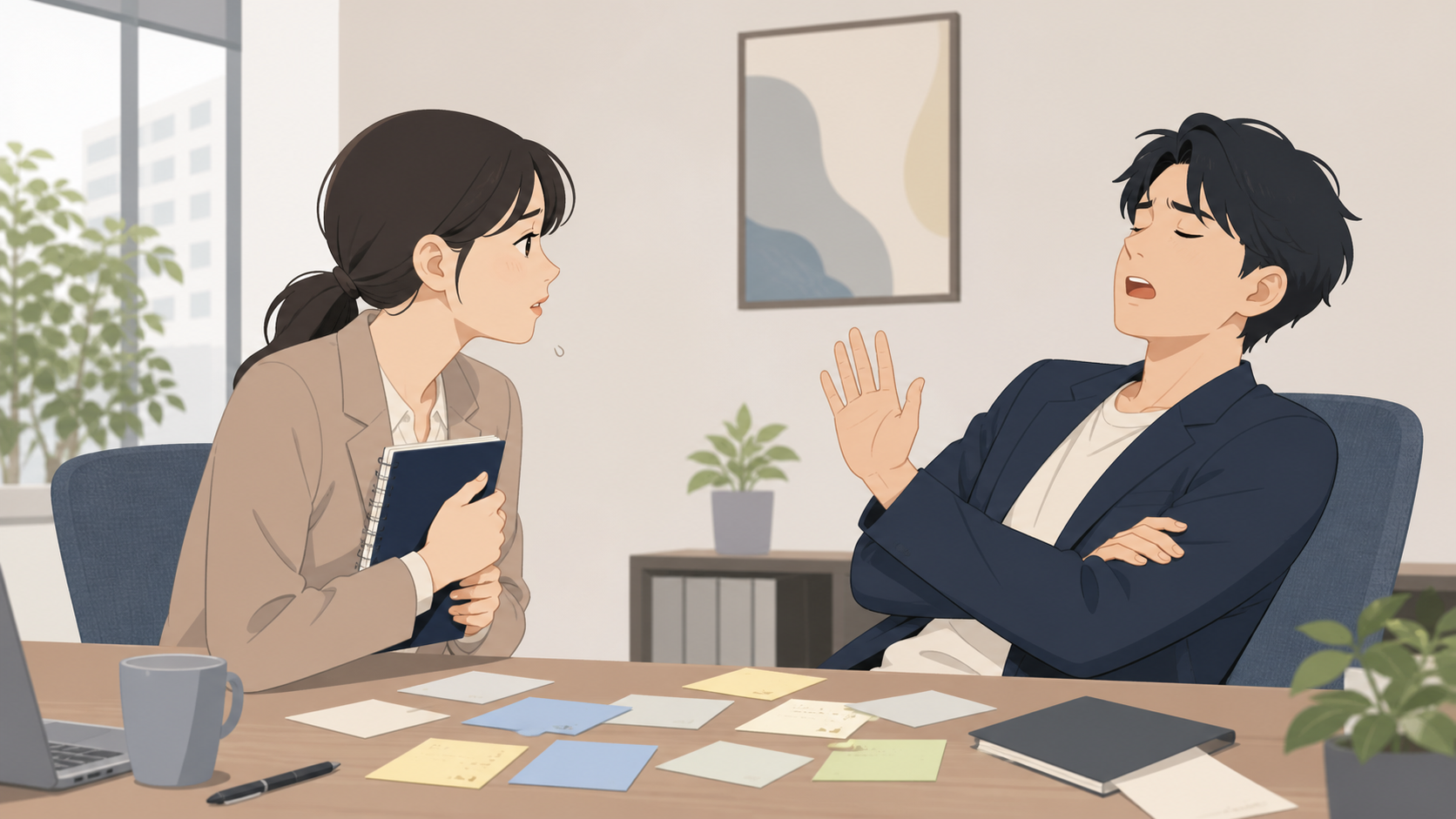 言い訳ばかりする人との会話で疲れる空気を示すアイキャッチ