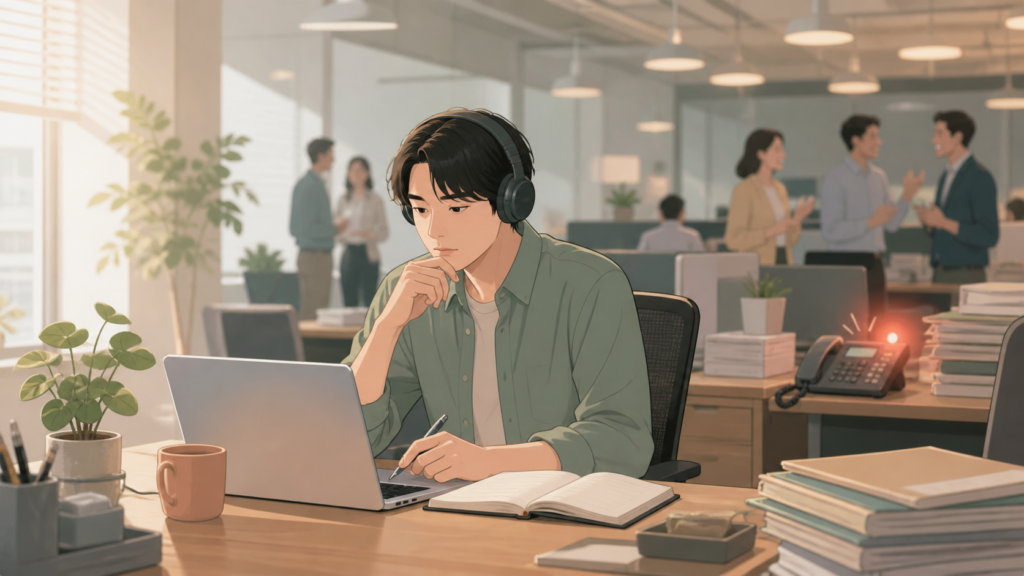 内向型の人がにぎやかな職場で消耗しながら働き方を考えるイメージ