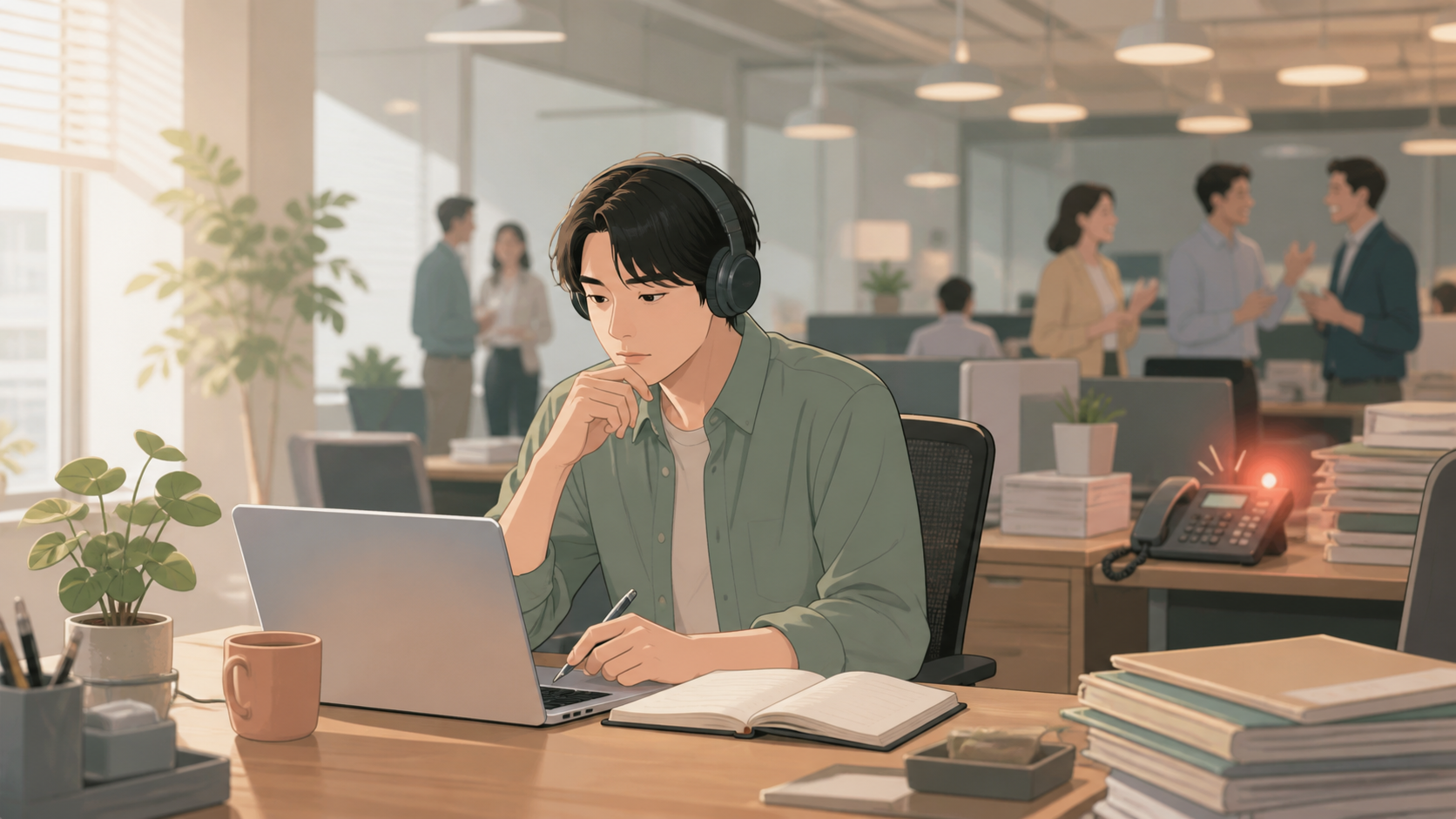内向型の人がにぎやかな職場で消耗しながら働き方を考えるイメージ