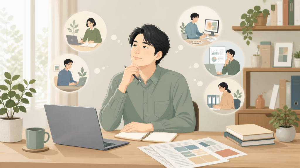 内向型の人が自分に合う仕事と働き方を整理しているイメージ