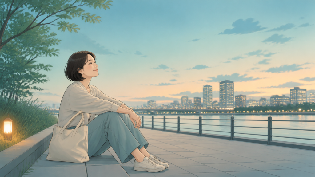 人と会ったあとに静かな川辺で一人の時間を過ごす人のイメージ