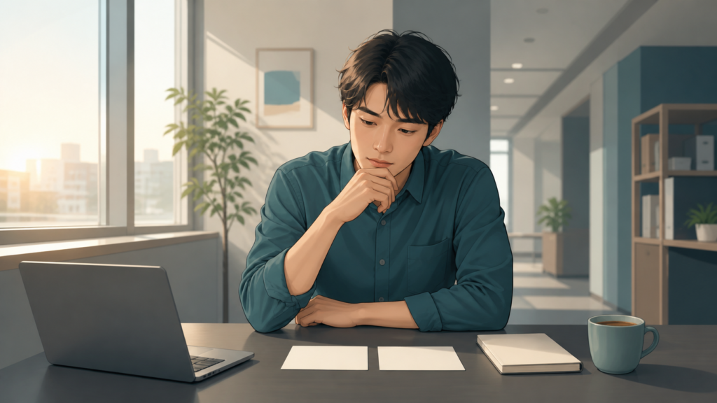 静かな職場で残るか辞めるかを落ち着いて考える人のイメージ
