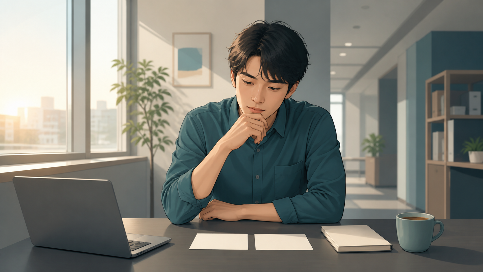 静かな職場で残るか辞めるかを落ち着いて考える人のイメージ