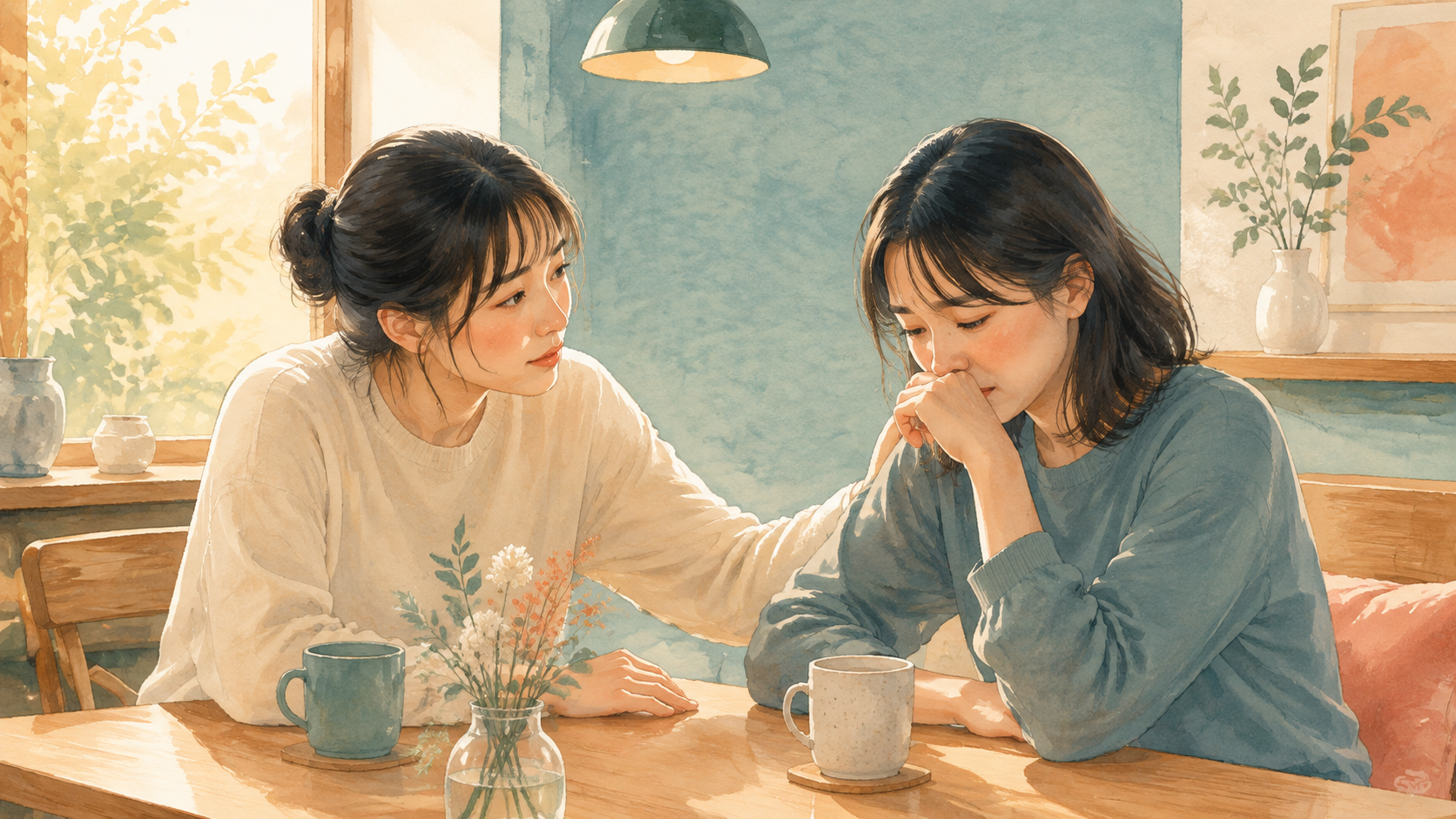 落ち込んだ友人を静かに慰める場面