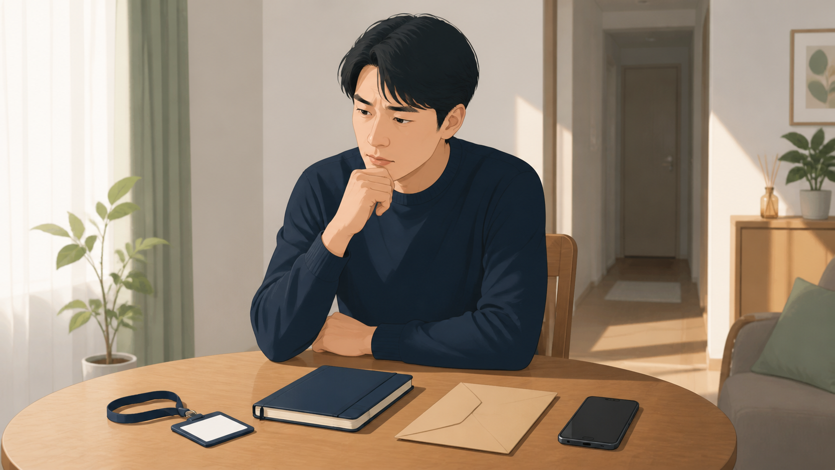朝の自宅で社員証と封筒を前に退職手段を考える人のイメージ