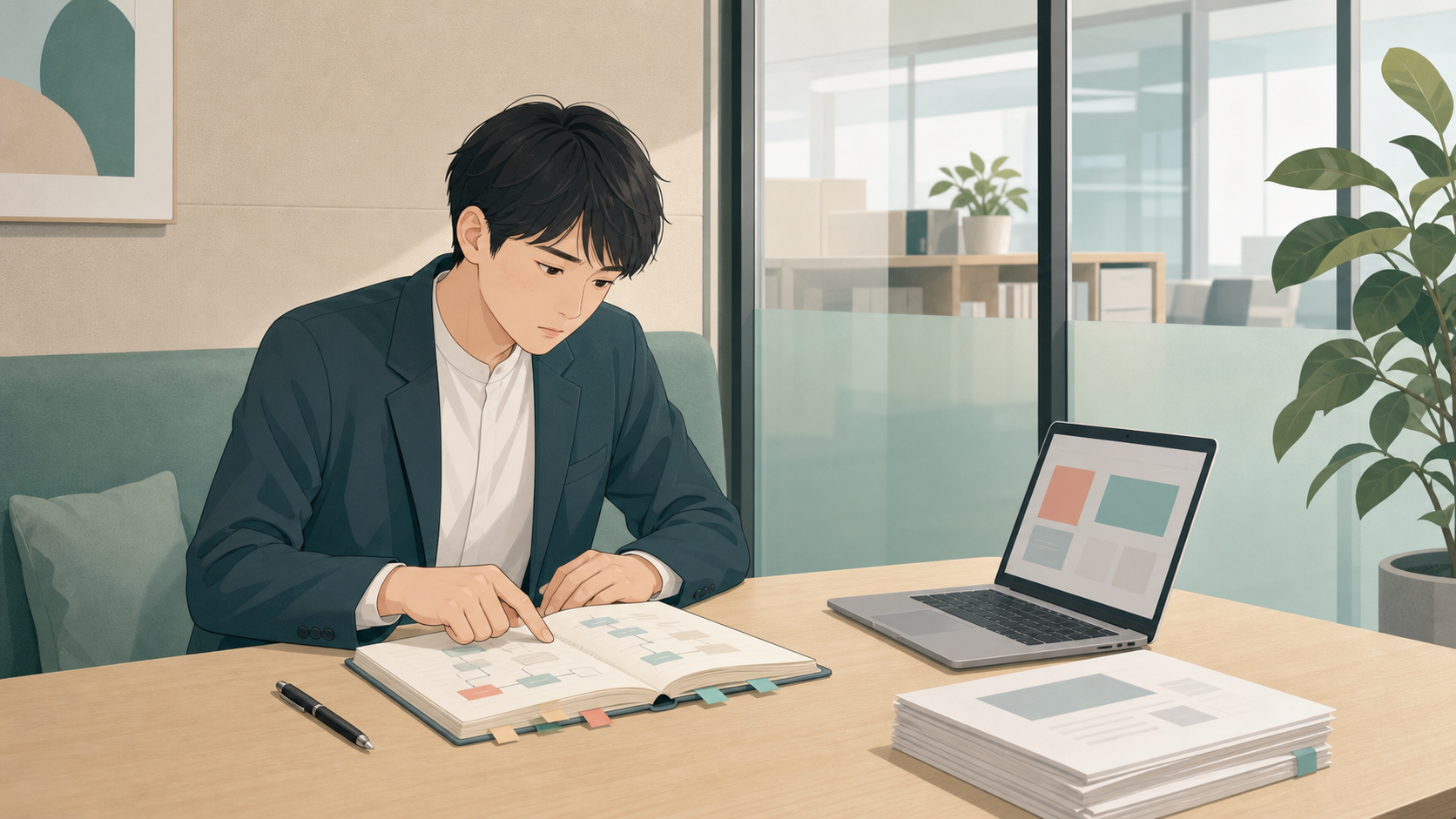 会議ブースでノートを見直しながら仕事の覚え方を整理する人のイメージ