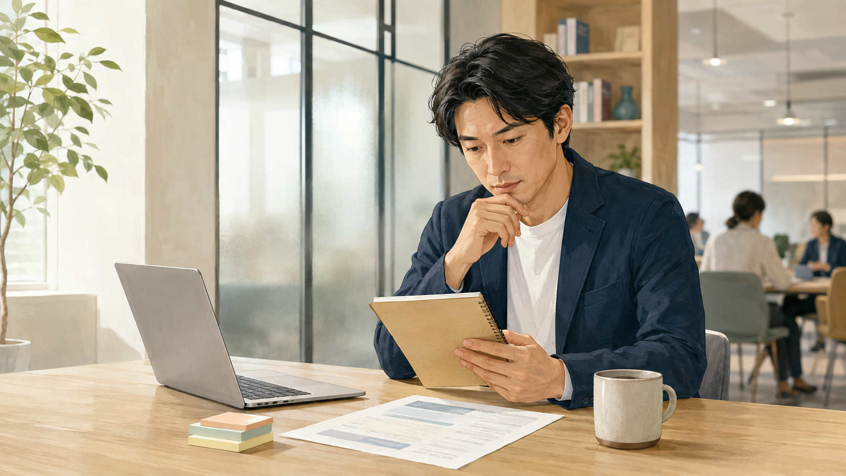転職前にノートと履歴書案を見直している会社員のイメージ
