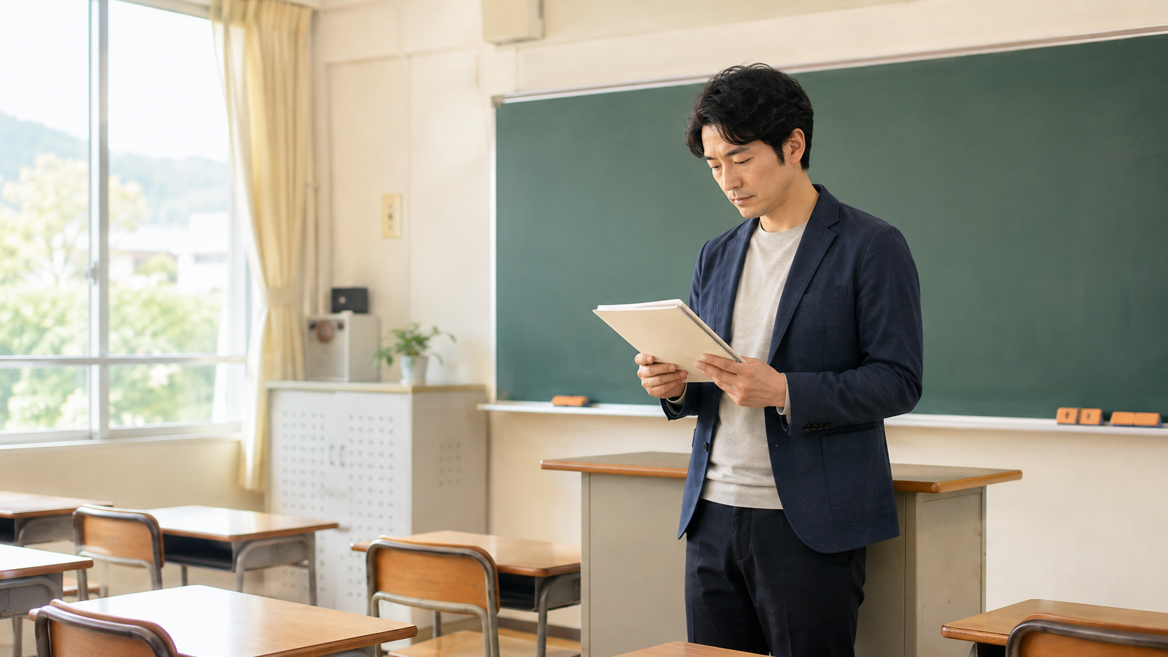 民間から教員への転職前に教室で授業計画を確認する会社員