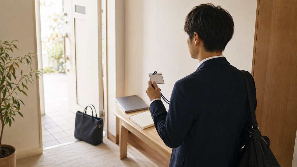 玄関で社員証を手に仕事を辞める前の選択肢を考える会社員