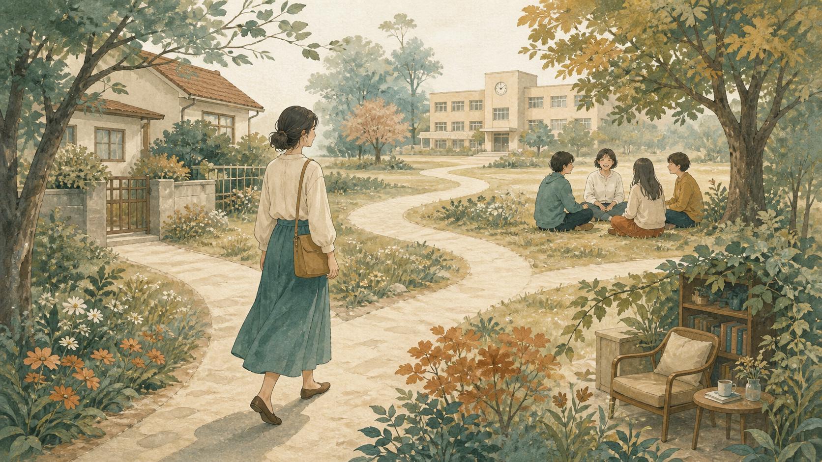 家庭、学校、友人、ひとりの時間など複数の環境を通る人物の図解