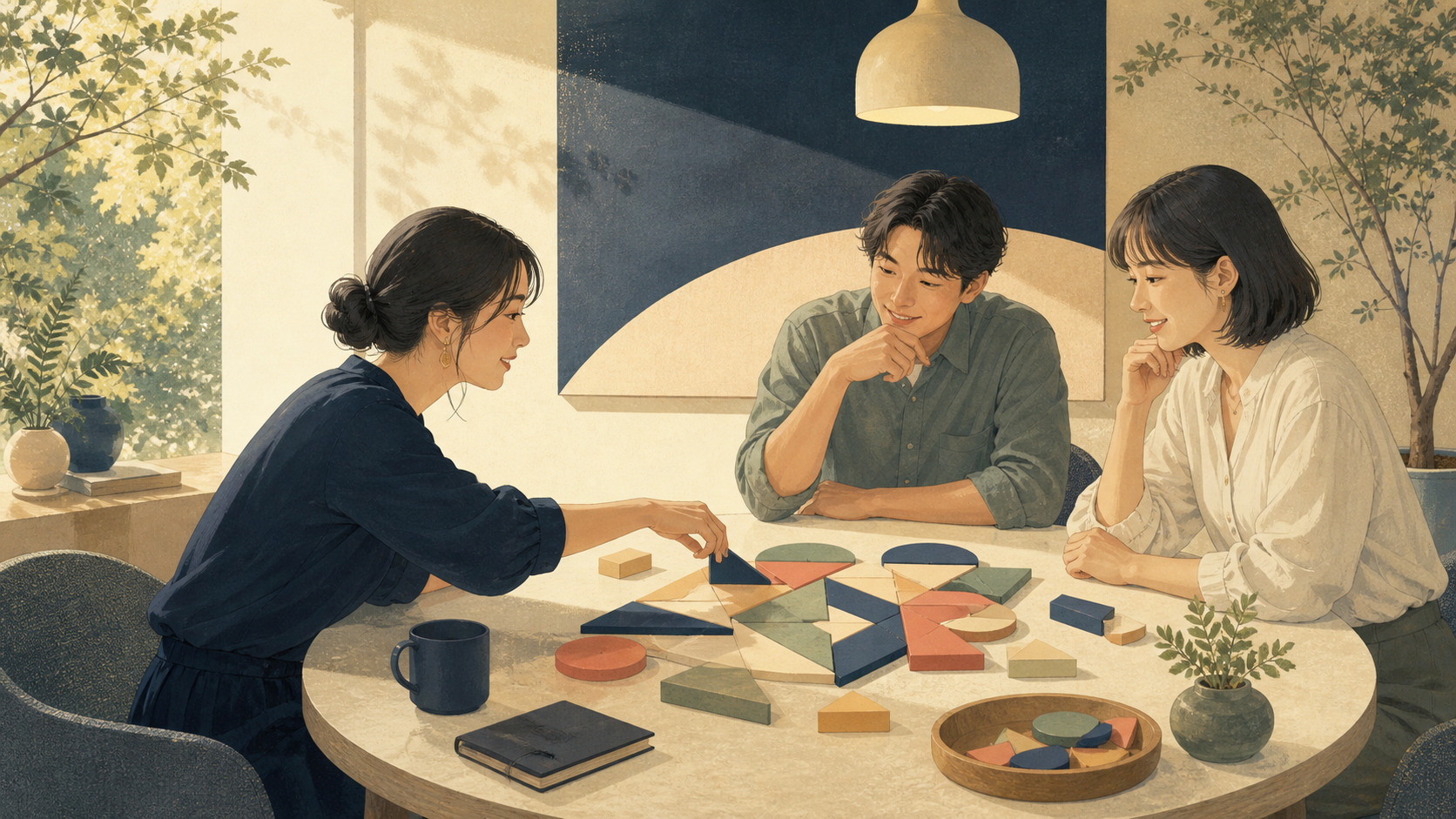 異なる視点で形を組み合わせるチームの図解