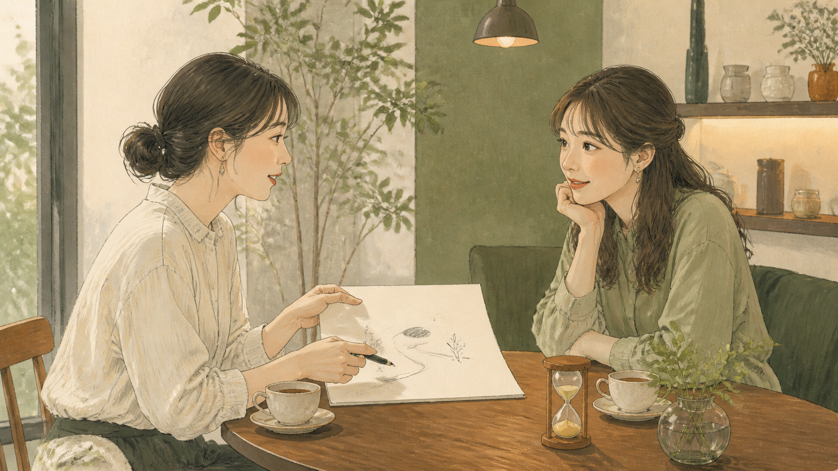 紙に描いた考えを友人へ落ち着いて伝える様子の図解
