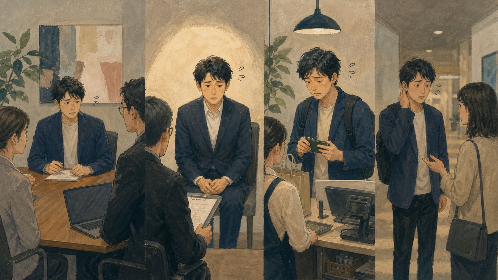仕事や会話で挙動不審に見えやすい場面を並べた図解